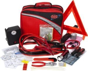 best car accessories 2025 : Lifeline 4388AAA Excursion Road 76-Piece Car Kit with air compressor, jumper cables, flashlight, and first aid kit.