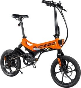 Best Electric Bikes Under $1500 : Swagtron Swagcycle EB-7 Elite Plus Folding Electric Bike, 16-inch wheels, removable battery, orange/black design, 7-speed.