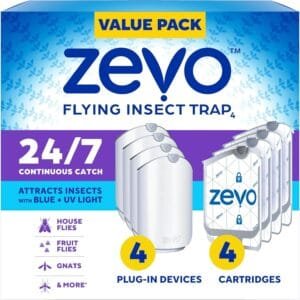  Eco-Friendly Pest Control Services Near Me : Zevo Flying Insect Trap for Indoors – Light Trap Captures Fruit Flies, Gnats, and Houseflies, Starter Kit with 4 Plug-in Bases and Cartridges