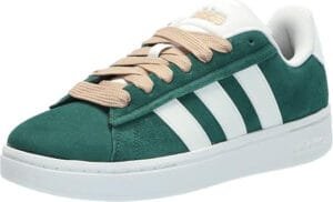 Best Budget-Friendly Shoes for Every Event  : Adidas Women's Grand Court Alpha Sneaker in white with classic black stripes, perfect for casual and everyday wear.
