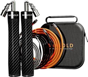 Mogold Weighted Jump Rope - Adjustable Length with Interchangeable 1/5lb, 1/4lb, 1/2lb Ropes and Leather Grip Mogold Weighted Jump Rope for Men and Women - Interchangeable Heavy Jump Ropes with Adjustable Length and Leather Grip