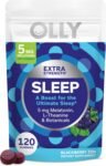 OLLY Extra Strength Sleep Gummy bottle with 5 mg melatonin, L-Theanine, chamomile, and lemon balm extracts, blackberry flavor