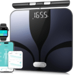 Digital posture scale with 8 electrodes and large platform for BMI and body composition tracking.