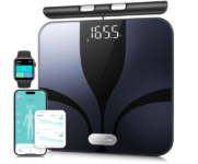 Digital posture scale with 8 electrodes and large platform for BMI and body composition tracking.