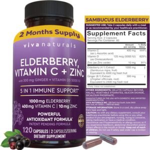 Top 5 Best Elderberry Supplements for Immune Support : Viva Naturals 5-in-1 Elderberry Capsules with Vitamin C, Zinc, and D3 for Adult Immune Support