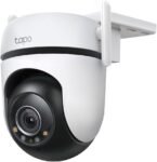 TP-Link Tapo 2K QHD outdoor Wi-Fi security camera with 360-degree view, pan/tilt, color night vision, and motion tracking Caption: